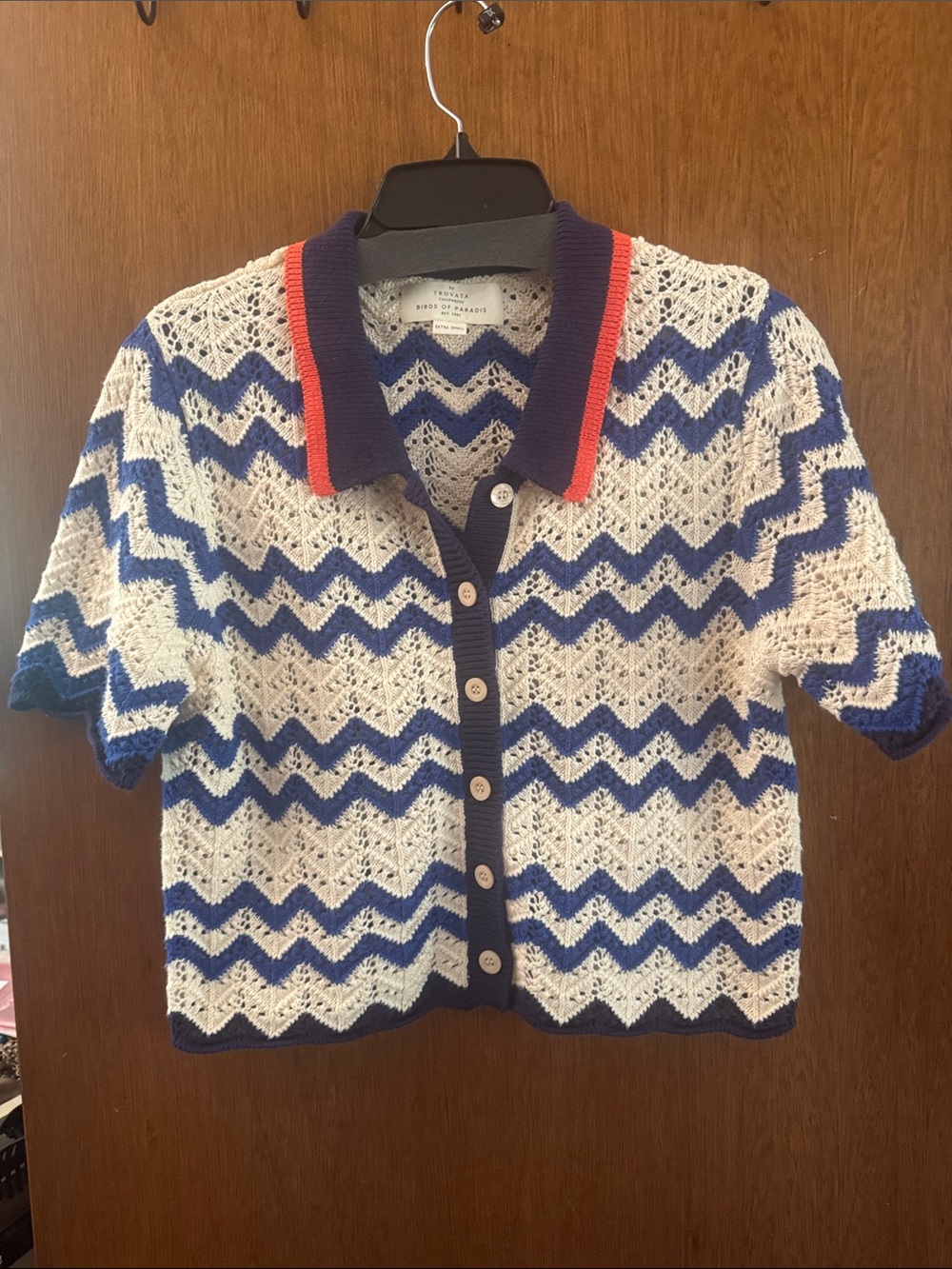 Trovata Navy, White & Red Crochet Chevron Polo Cardigan 100% Cotton